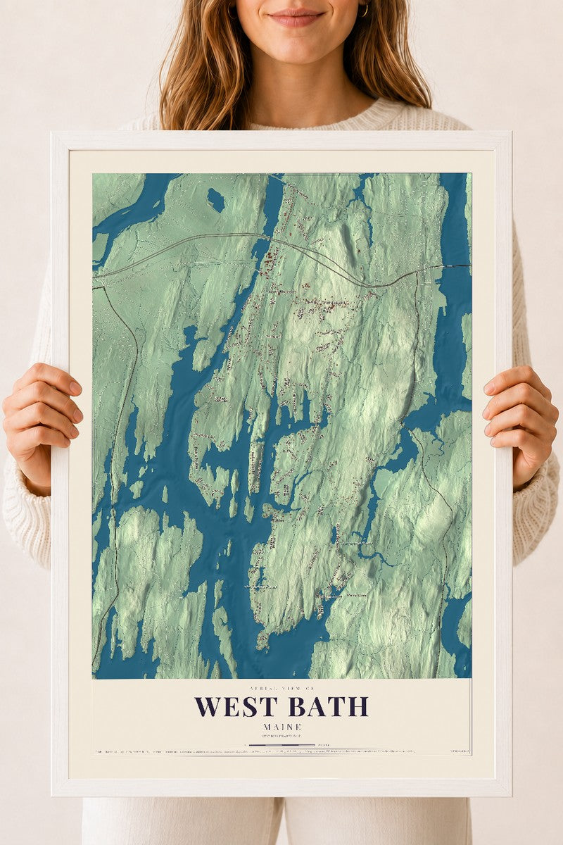 West Bath, Maine map print - 18 x 24 white Ayous wood frame