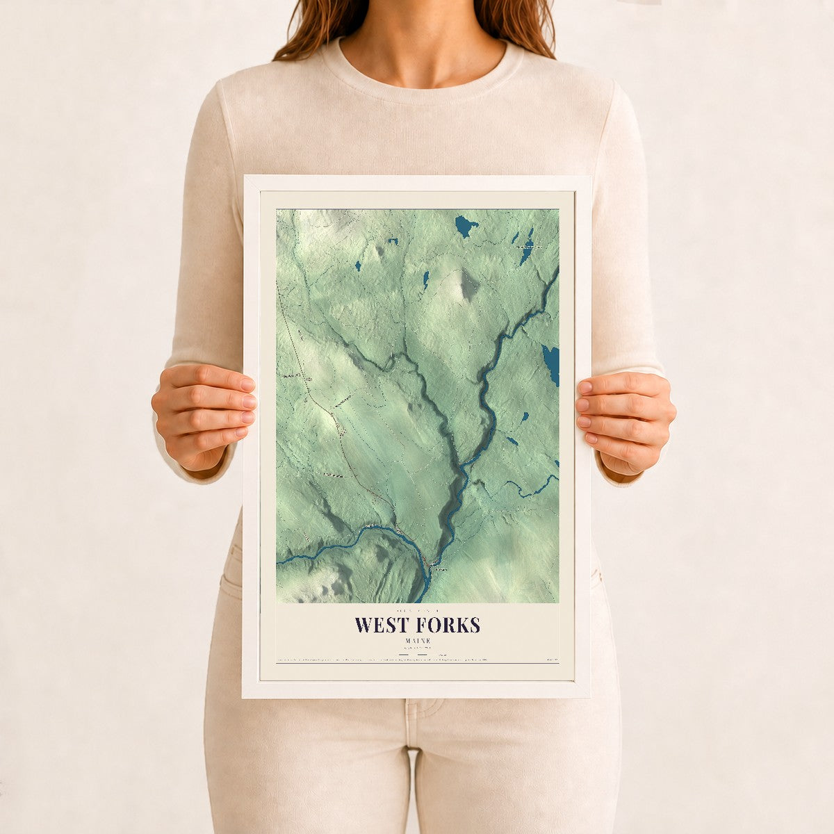 West Forks, Maine map print - 12 x 18 white Ayous wood frame