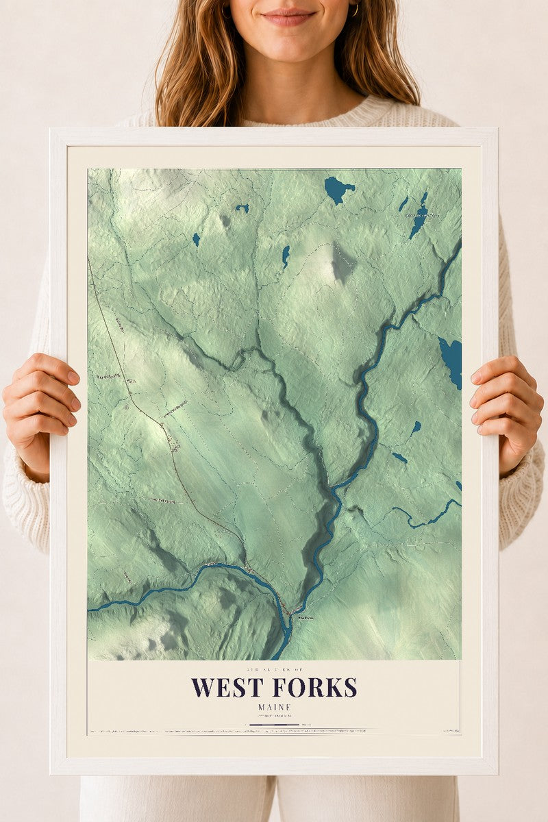 West Forks, Maine map print - 18 x 24 white Ayous wood frame