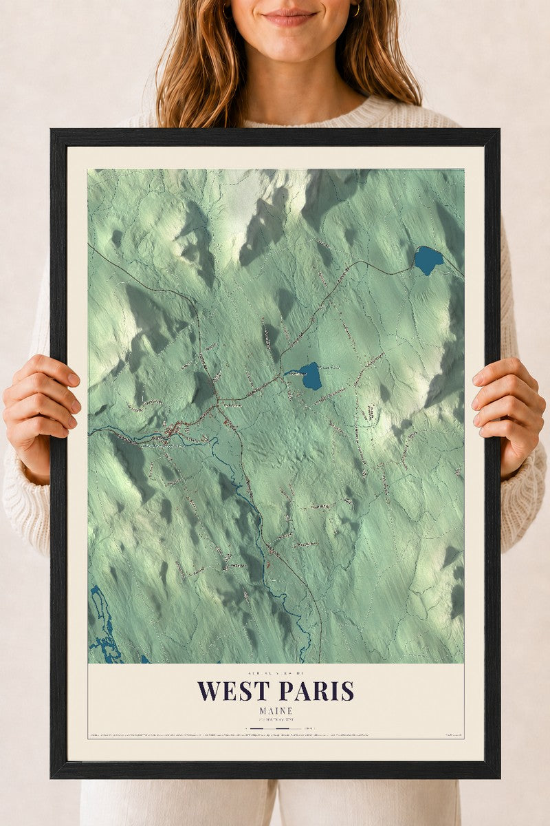 West Paris, Maine map print - 18 x 24 black Ayous wood frame