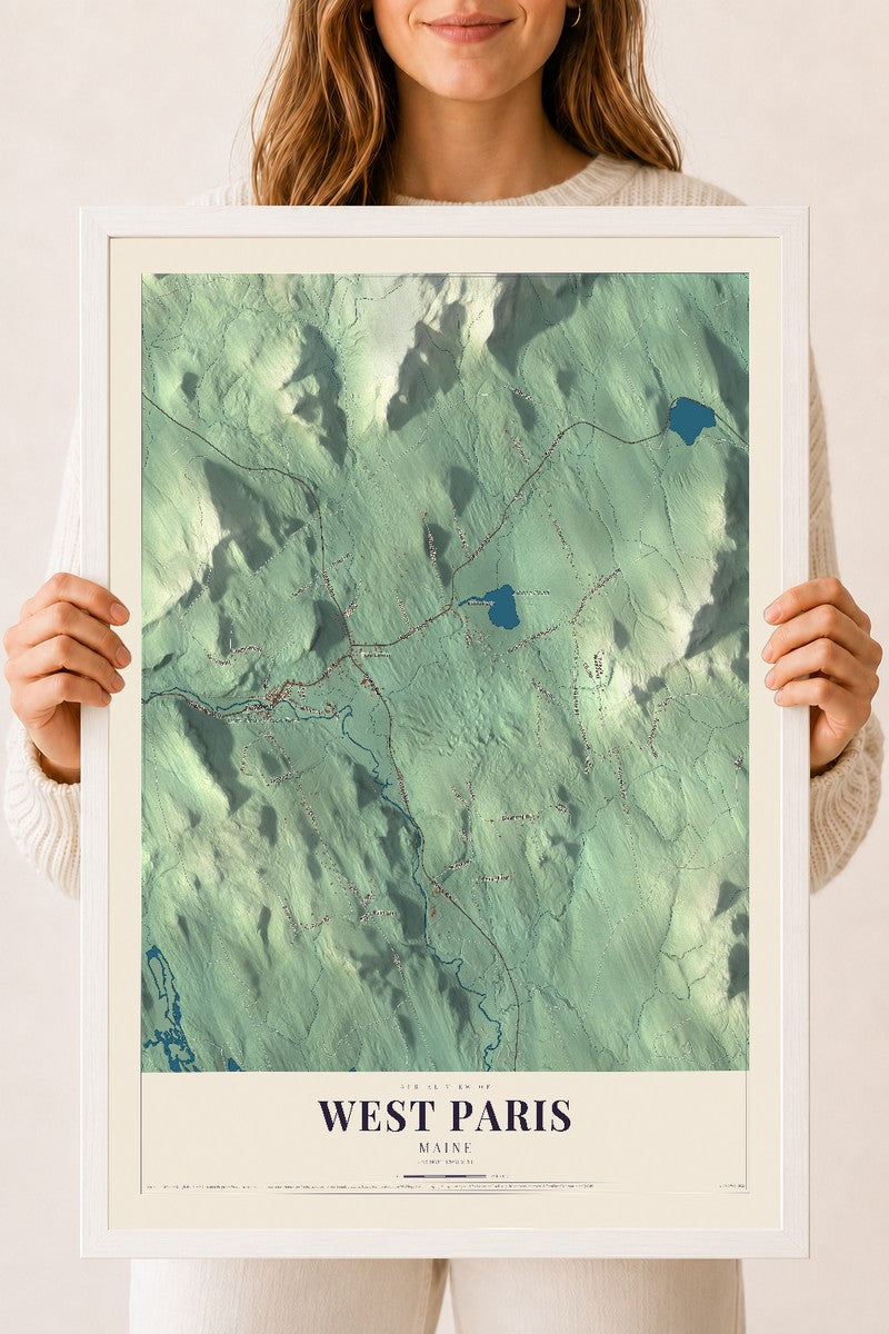 West Paris, Maine map print - 18 x 24 white Ayous wood frame
