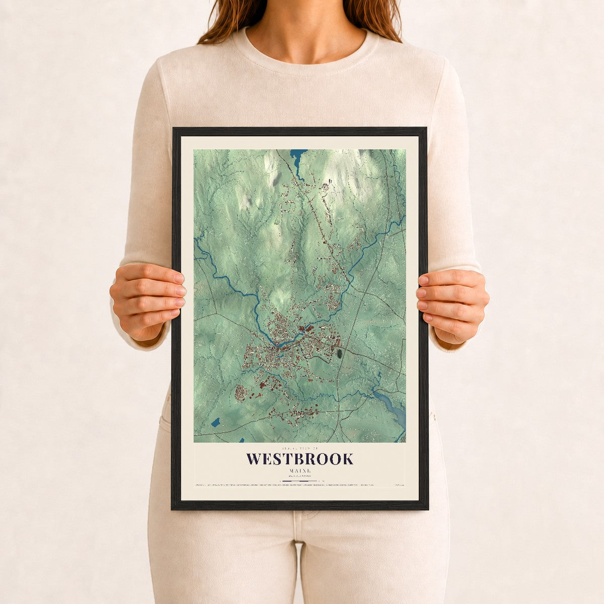 Westbrook, Maine map print - 12 x 18 black Ayous wood frame