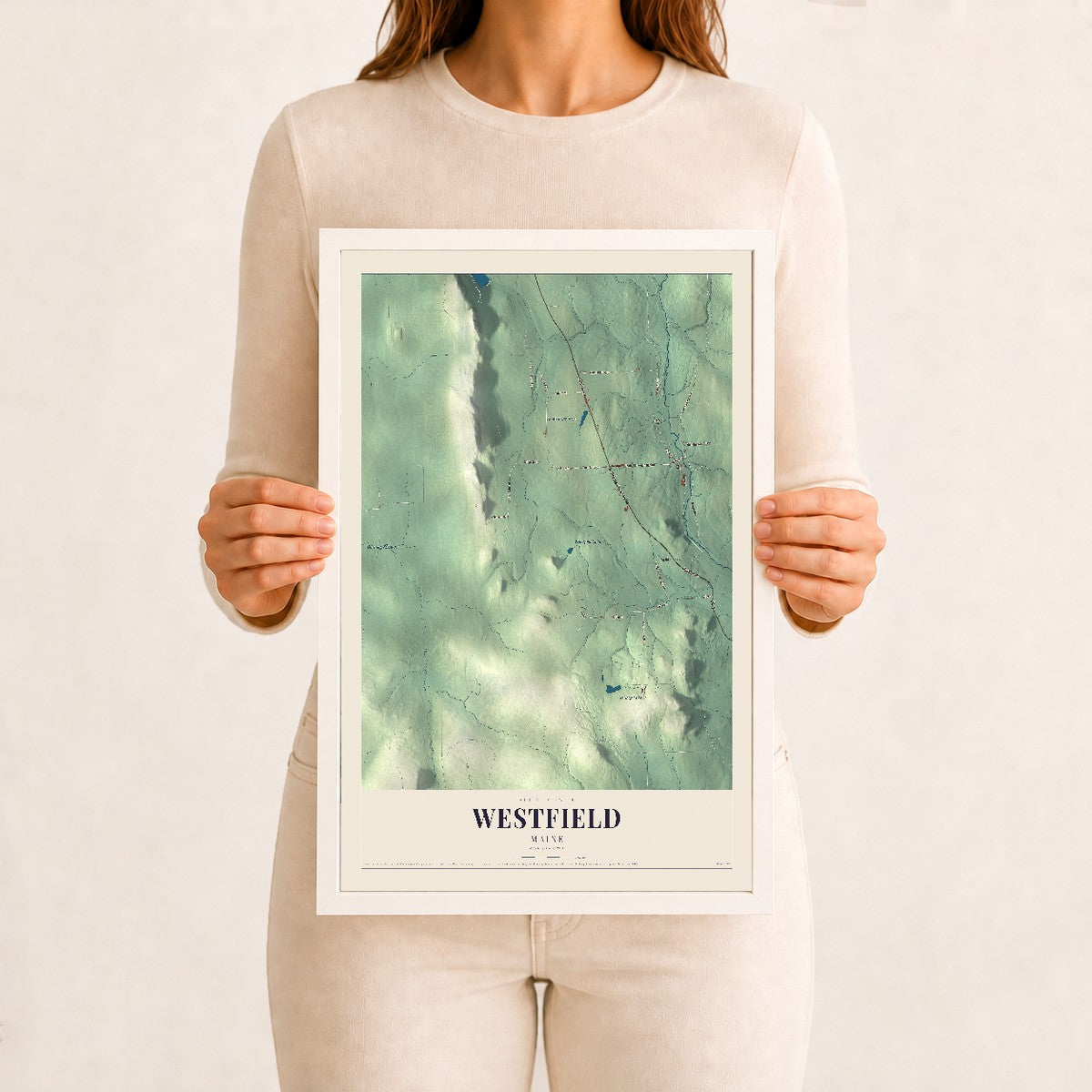Westfield, Maine map print - 12 x 18 white Ayous wood frame