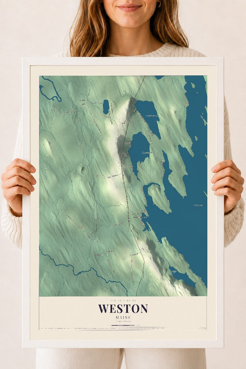 Weston, Maine map print - 18 x 24 white Ayous wood frame