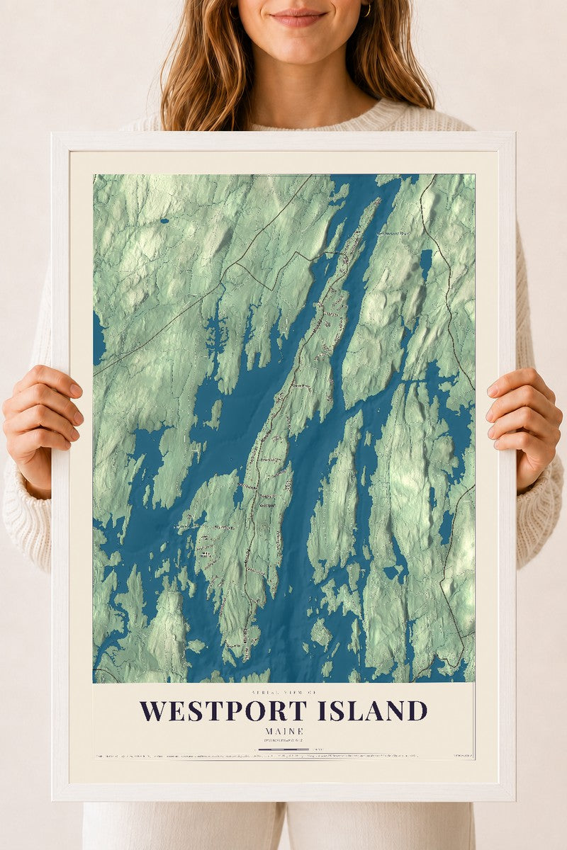 Westport Island, Maine map print - 18 x 24 white Ayous wood frame