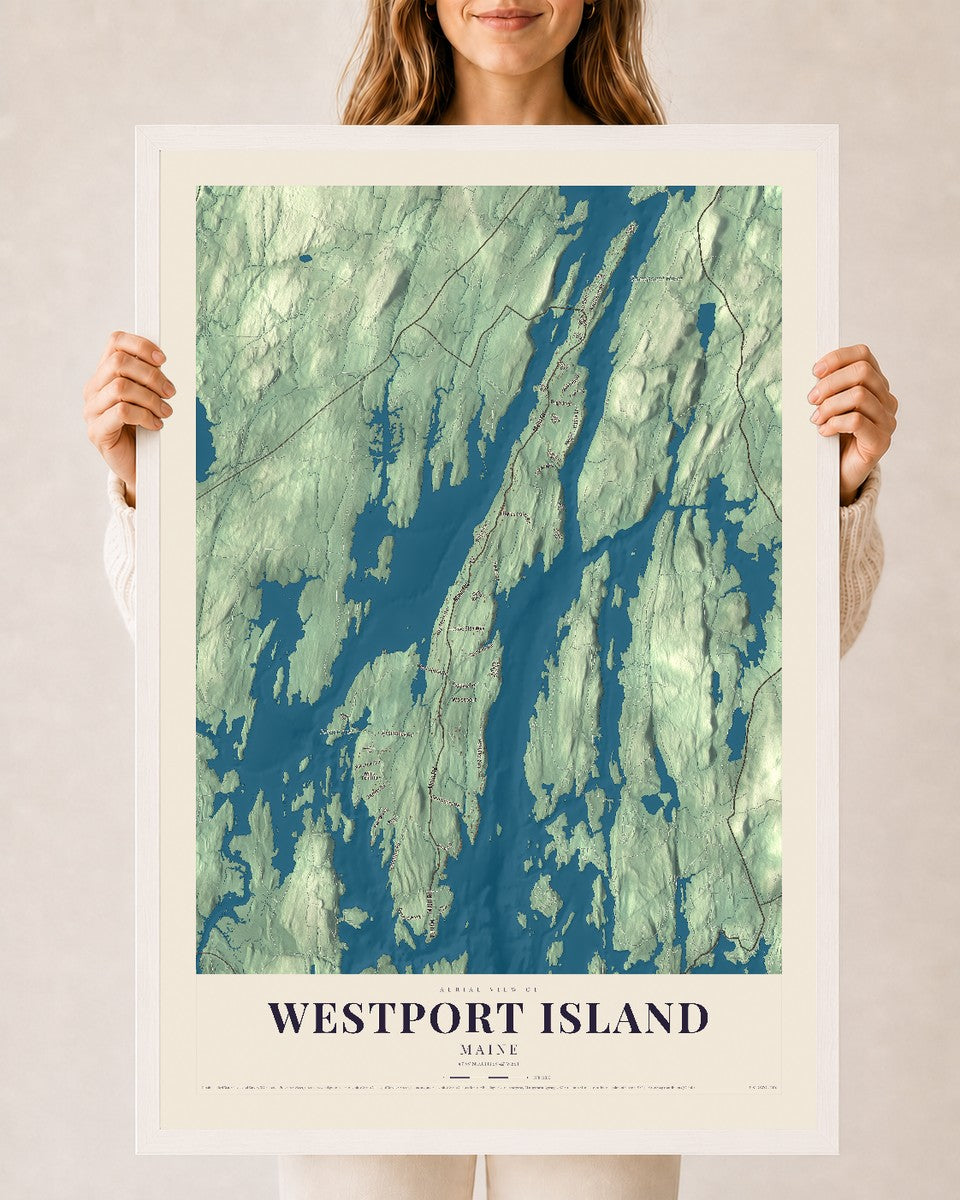Westport Island, Maine map print - 24 x 36 white Ayous wood frame