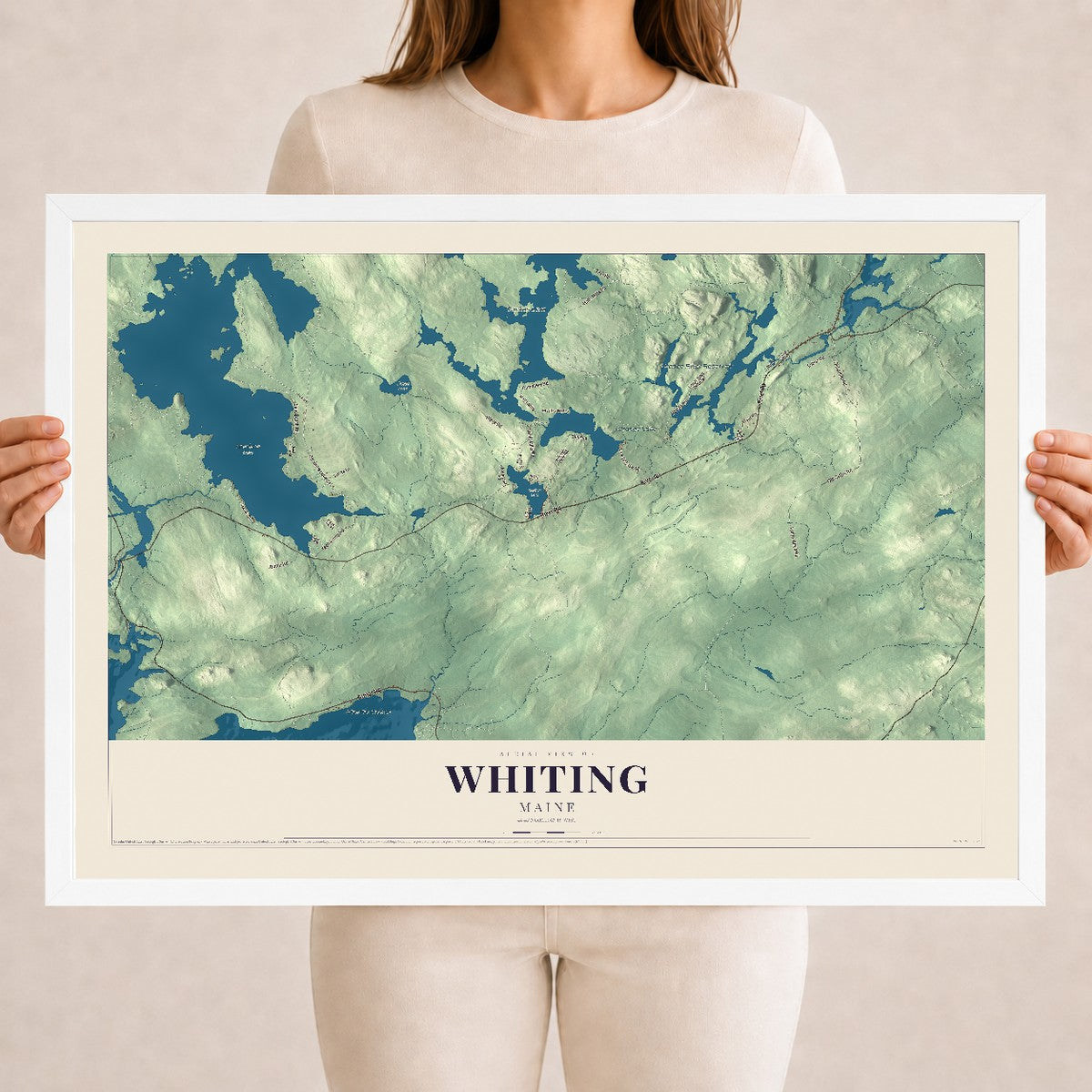 Whiting, Maine map print - 18 x 24 white Ayous wood frame