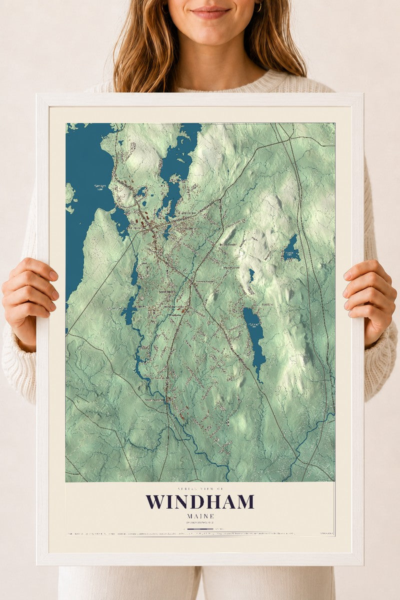 Windham, Maine map print - 18 x 24 white Ayous wood frame