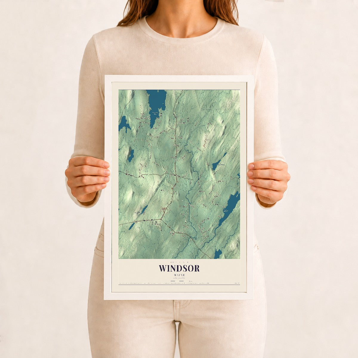 Windsor, Maine map print - 12 x 18 white Ayous wood frame