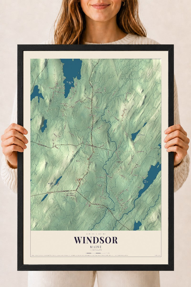 Windsor, Maine map print - 18 x 24 black Ayous wood frame