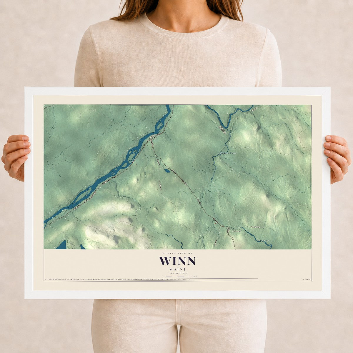 Winn, Maine map print - 12 x 18 white Ayous wood frame