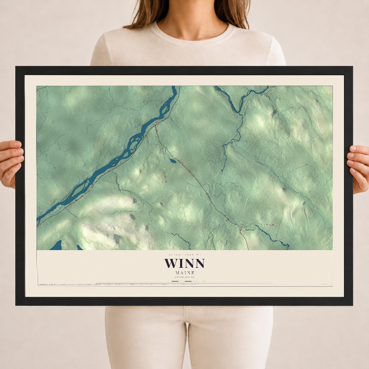 Winn, Maine map print - 18 x 24 black Ayous wood frame