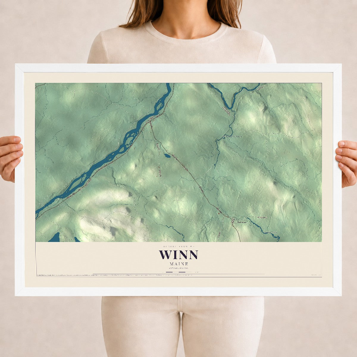 Winn, Maine map print - 18 x 24 white Ayous wood frame