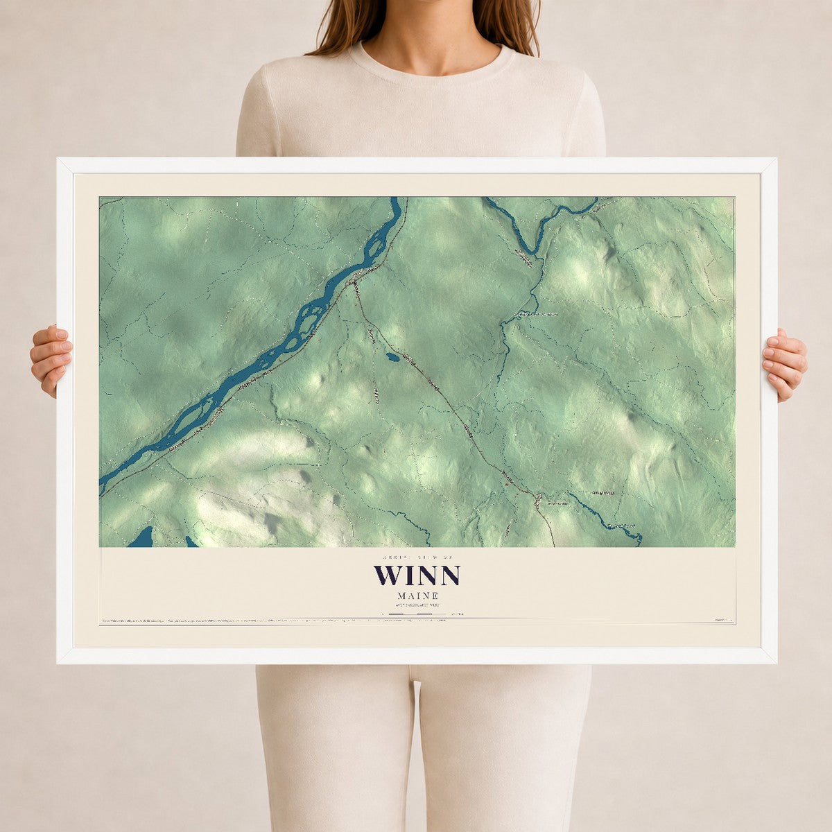 Winn, Maine map print - 24 x 36 white Ayous wood frame
