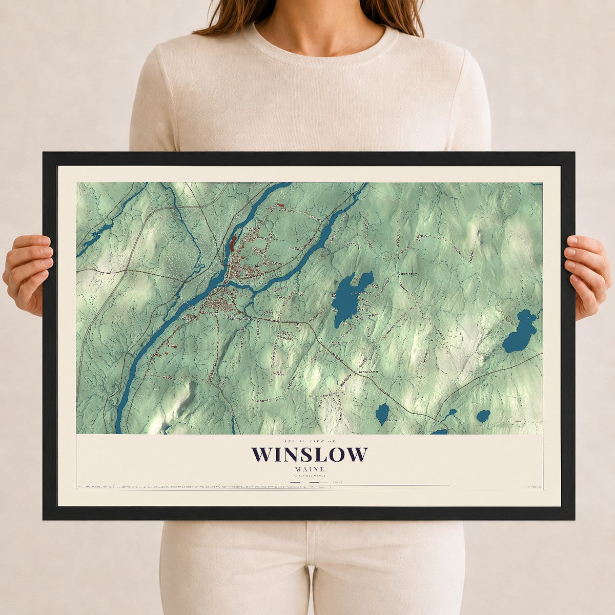Winslow, Maine map print - 12 x 18 black Ayous wood frame