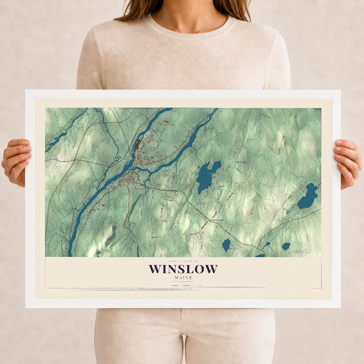 Winslow, Maine map print - 12 x 18 white Ayous wood frame