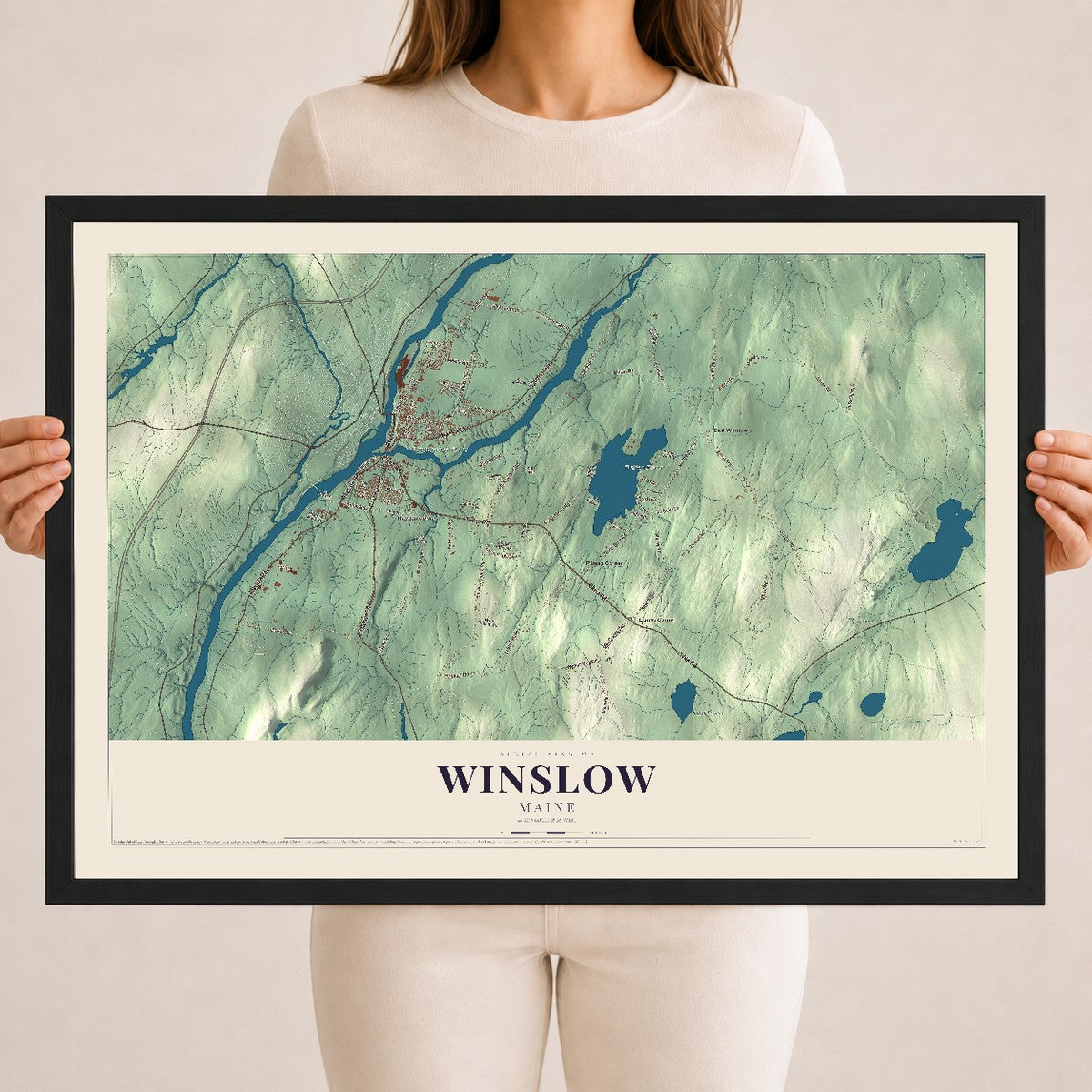 Winslow, Maine map print - 18 x 24 black Ayous wood frame