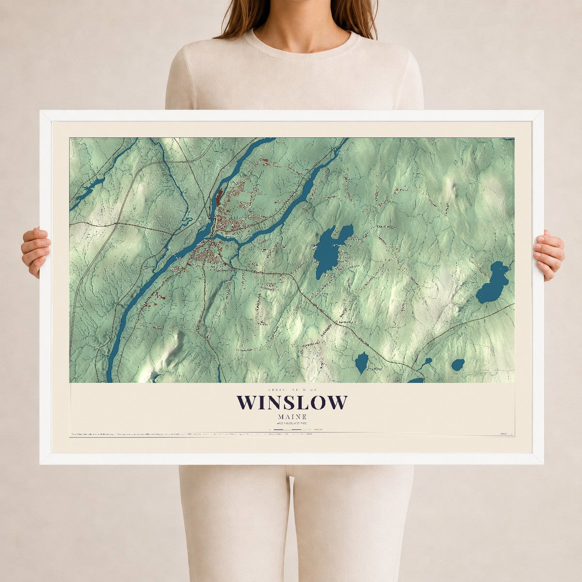 Winslow, Maine map print - 24 x 36 white Ayous wood frame