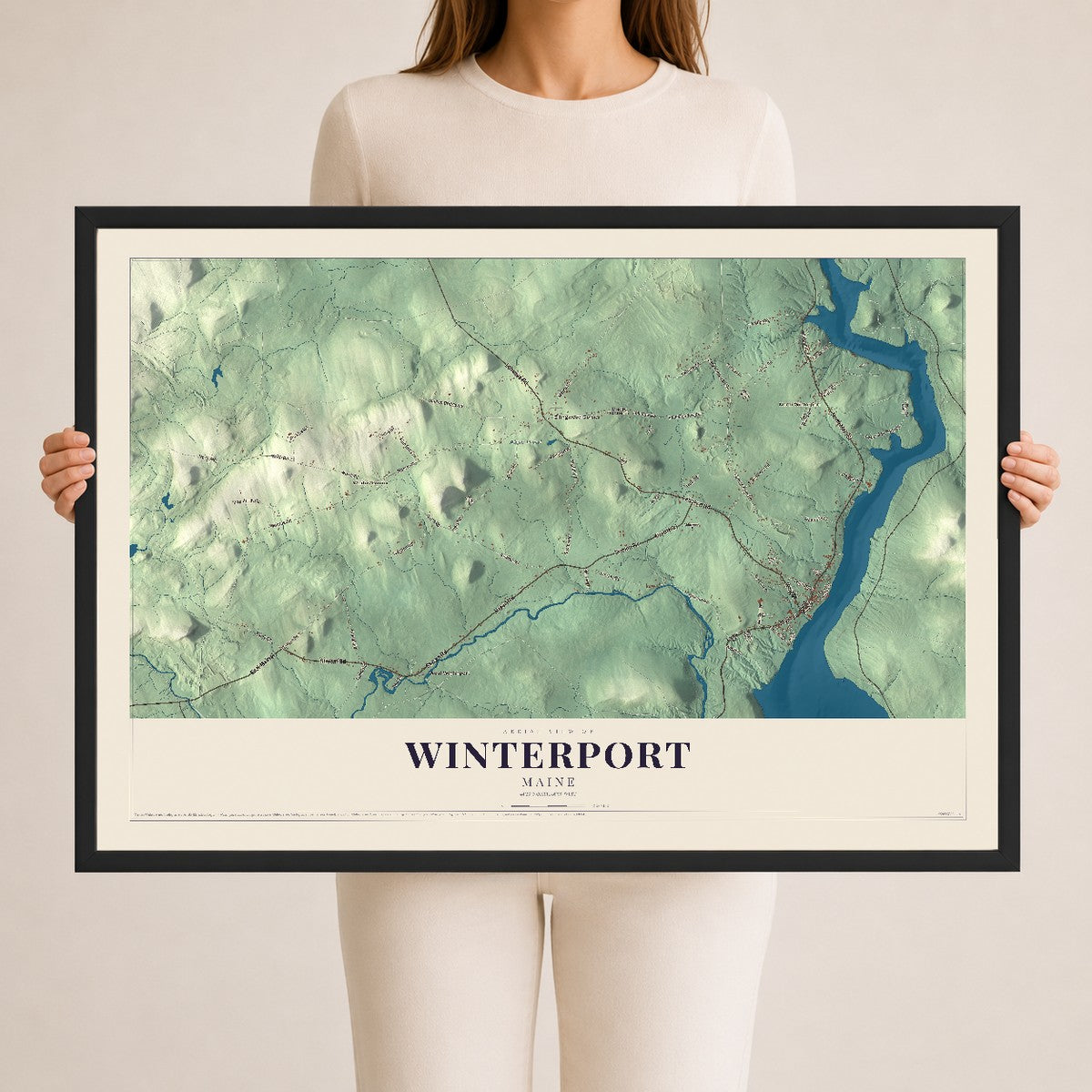 Winterport, Maine map print - 24 x 36 black Ayous wood frame