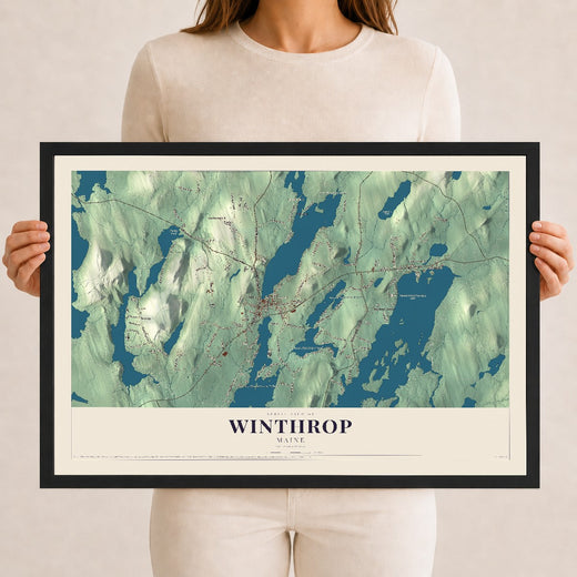 Map of Winthrop, Maine, 12 x 18 inch print in a black wood frame