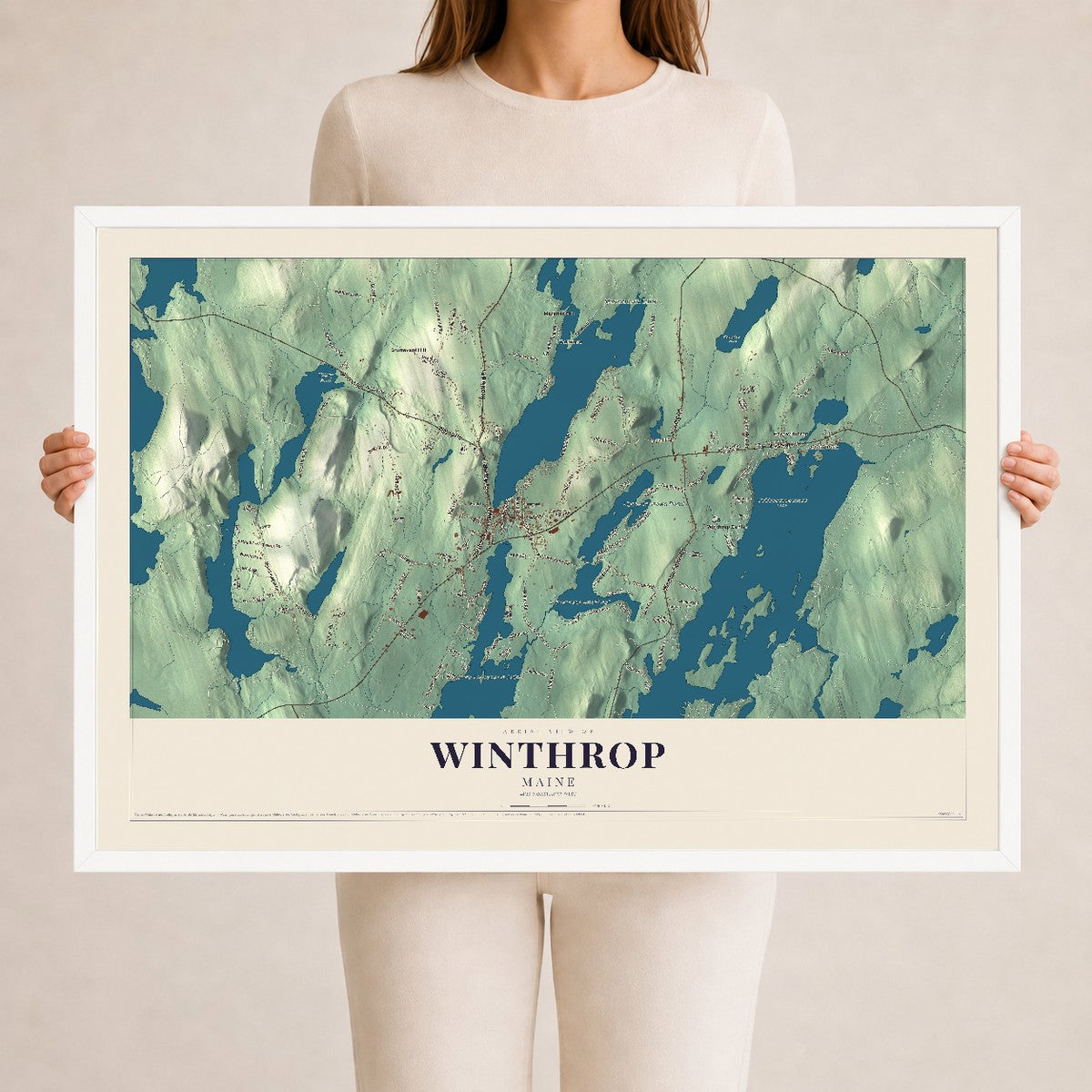 Winthrop, Maine map print - 24 x 36 white Ayous wood frame