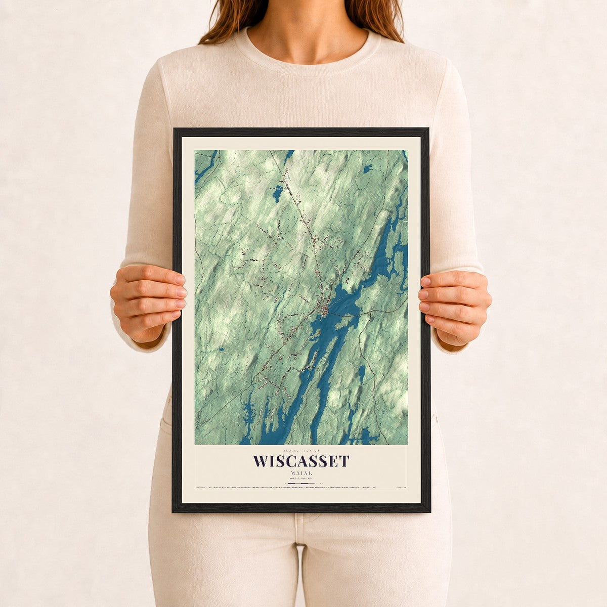 Wiscasset, Maine map print - 12 x 18 black Ayous wood frame