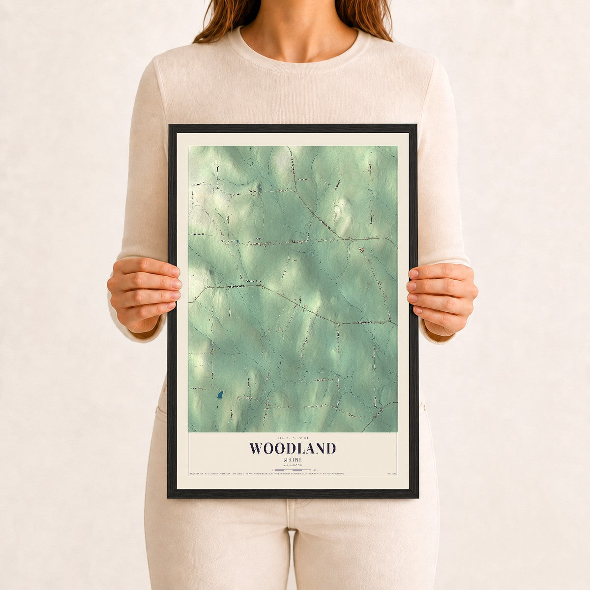 Woodland, Maine map print - 12 x 18 black Ayous wood frame
