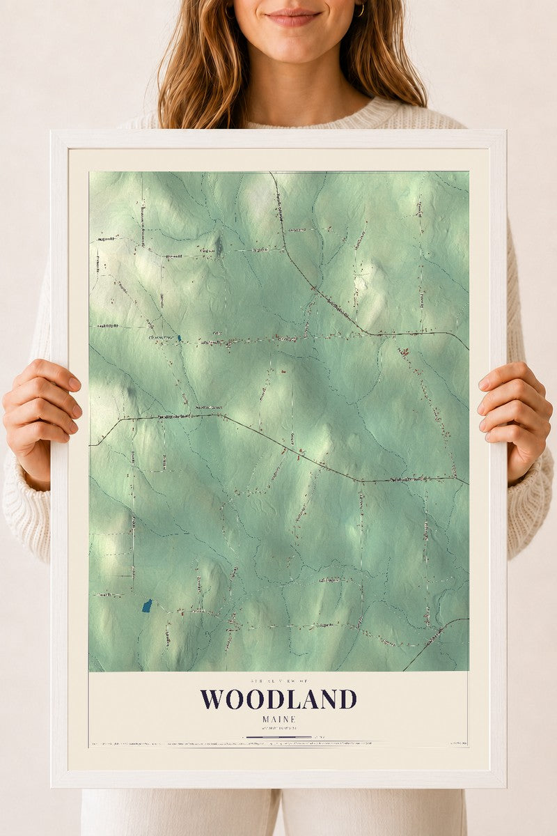 Woodland, Maine map print - 18 x 24 white Ayous wood frame