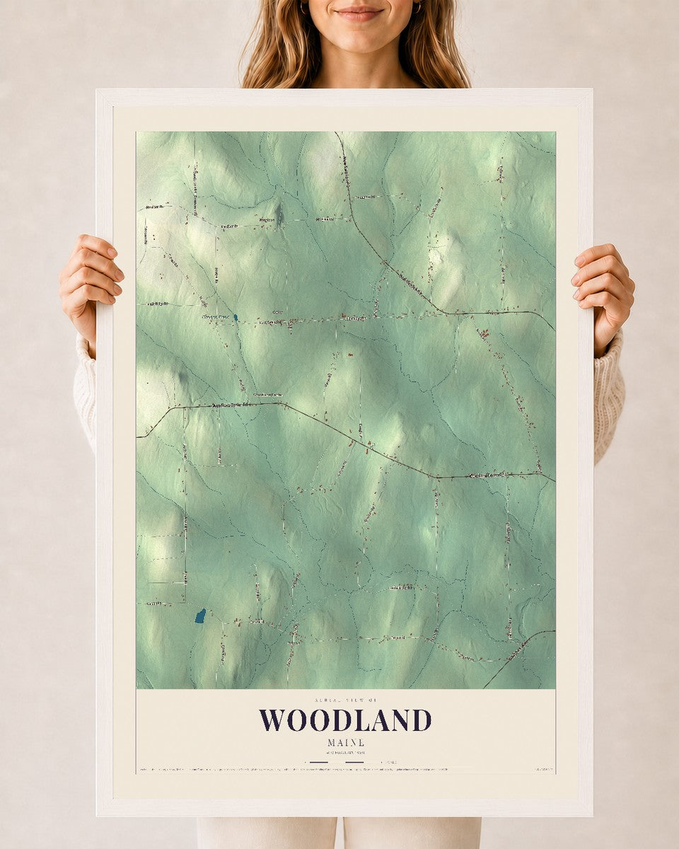 Woodland, Maine map print - 24 x 36 white Ayous wood frame