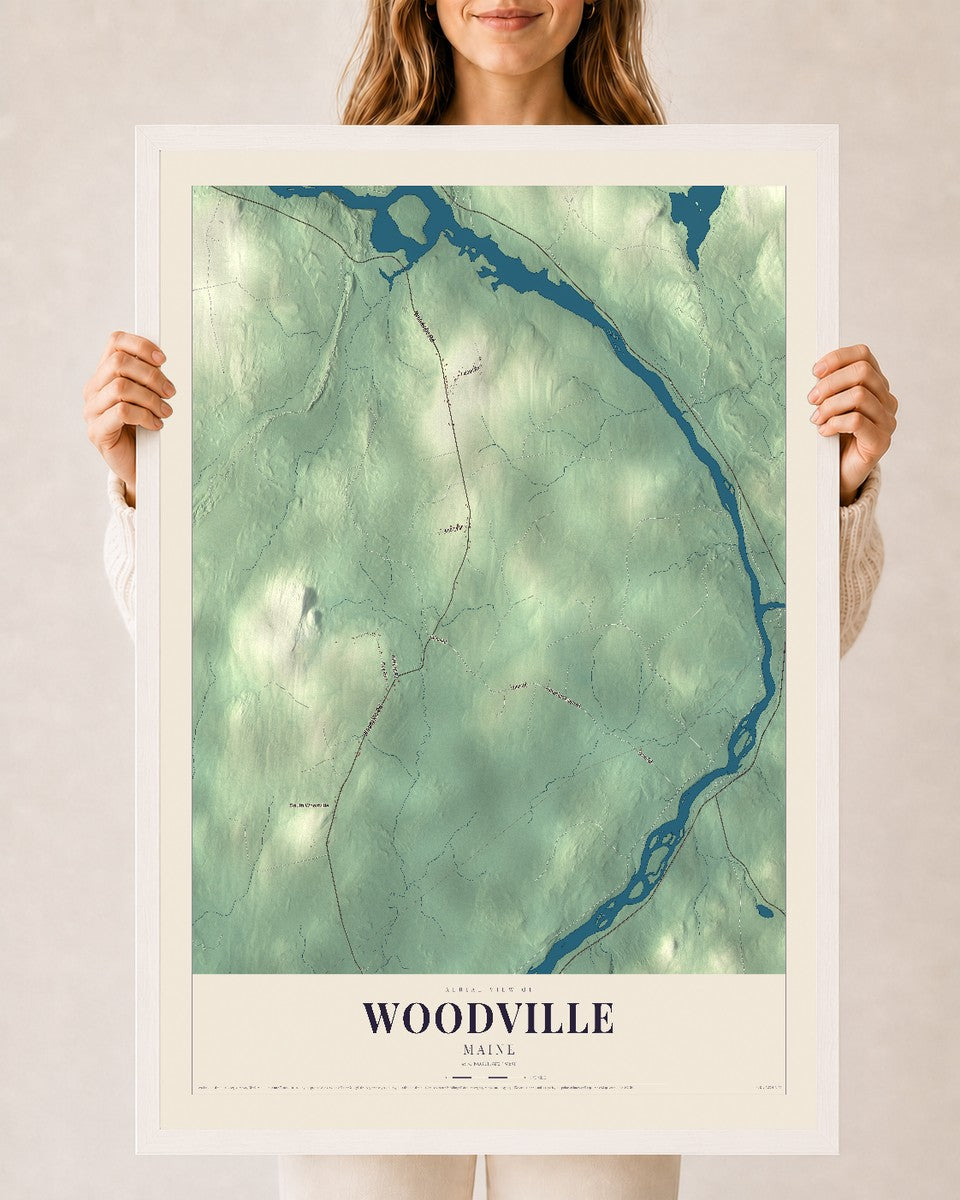 Woodville, Maine map print - 24 x 36 white Ayous wood frame