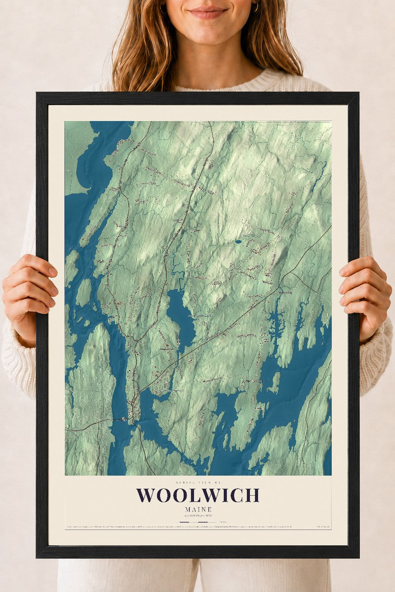 Woolwich, Maine map print - 18 x 24 black Ayous wood frame