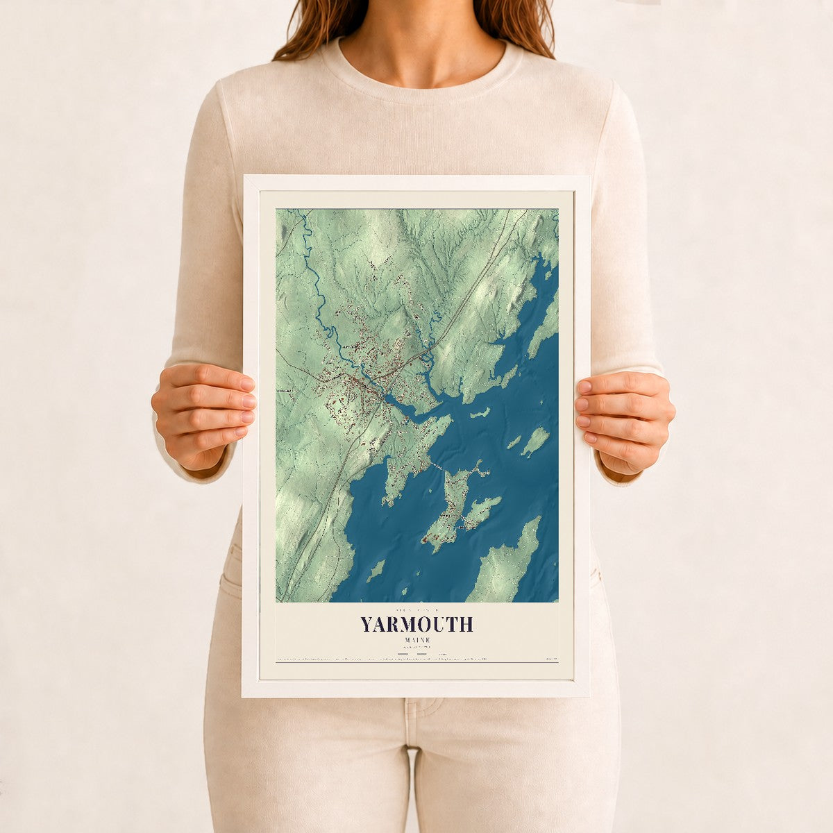 Yarmouth, Maine map print - 12 x 18 white Ayous wood frame