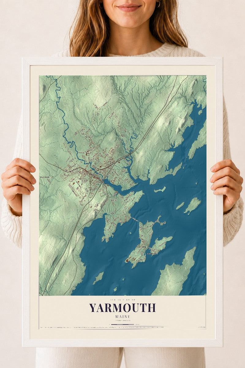 Yarmouth, Maine map print - 18 x 24 white Ayous wood frame