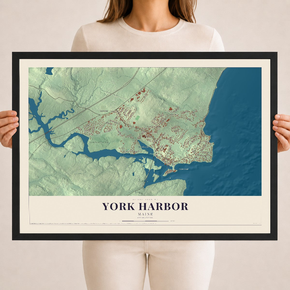 York Harbor, Maine map print - 18 x 24 black Ayous wood frame
