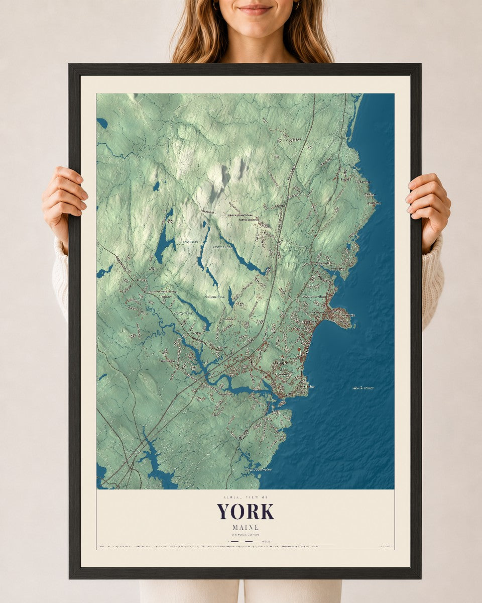 York, Maine map print - 24 x 36 black Ayous wood frame