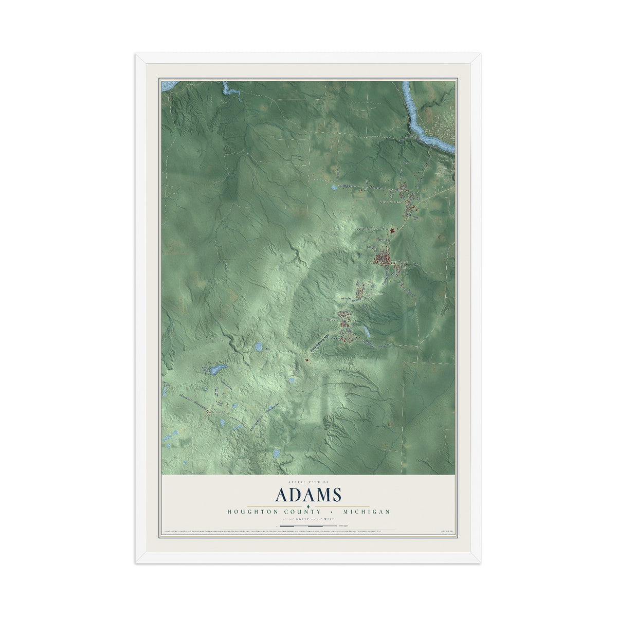 Map of Adams, Houghton County, Michigan, 12 x 18 inch print in a white wood frame