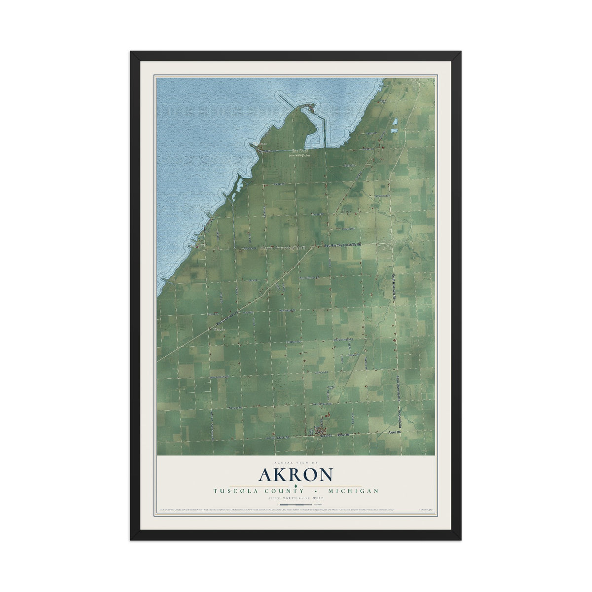 Map of Akron, Tuscola County, Michigan, 12 x 18 inch print in a black wood frame