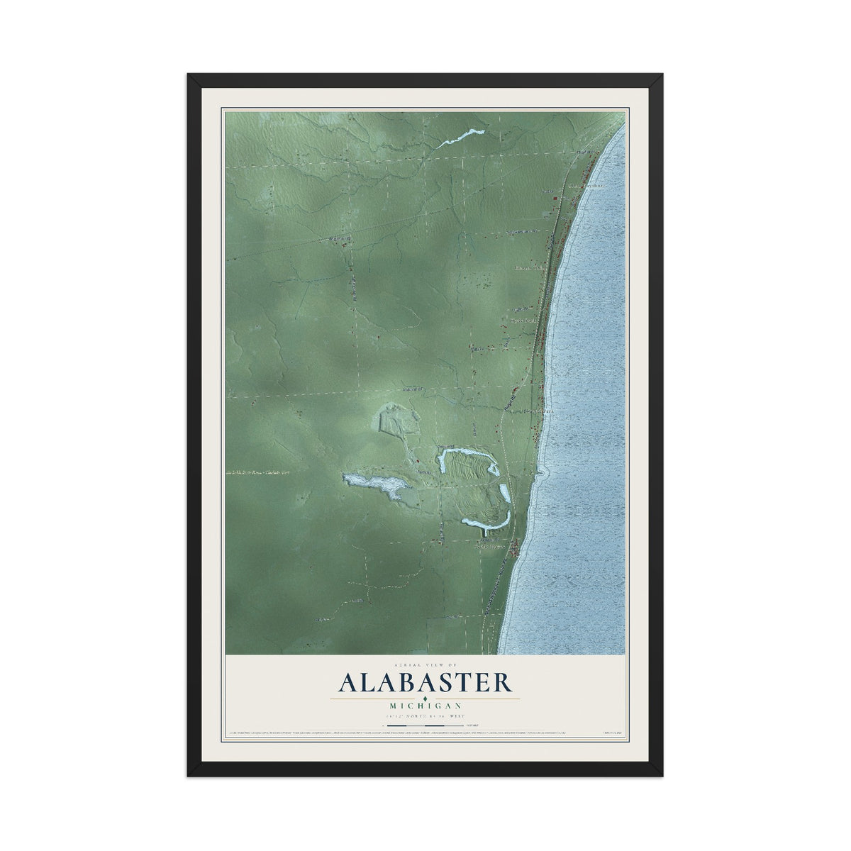 Map of Alabaster, Michigan, 12 x 18 inch print in a black wood frame