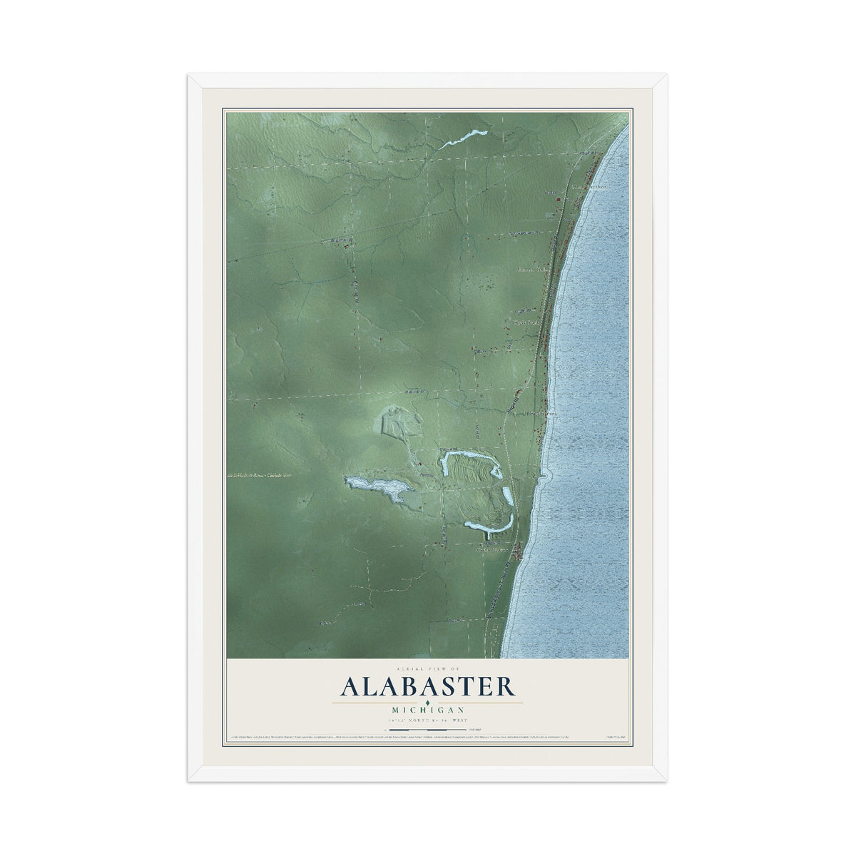 Map of Alabaster, Michigan, 12 x 18 inch print in a white wood frame