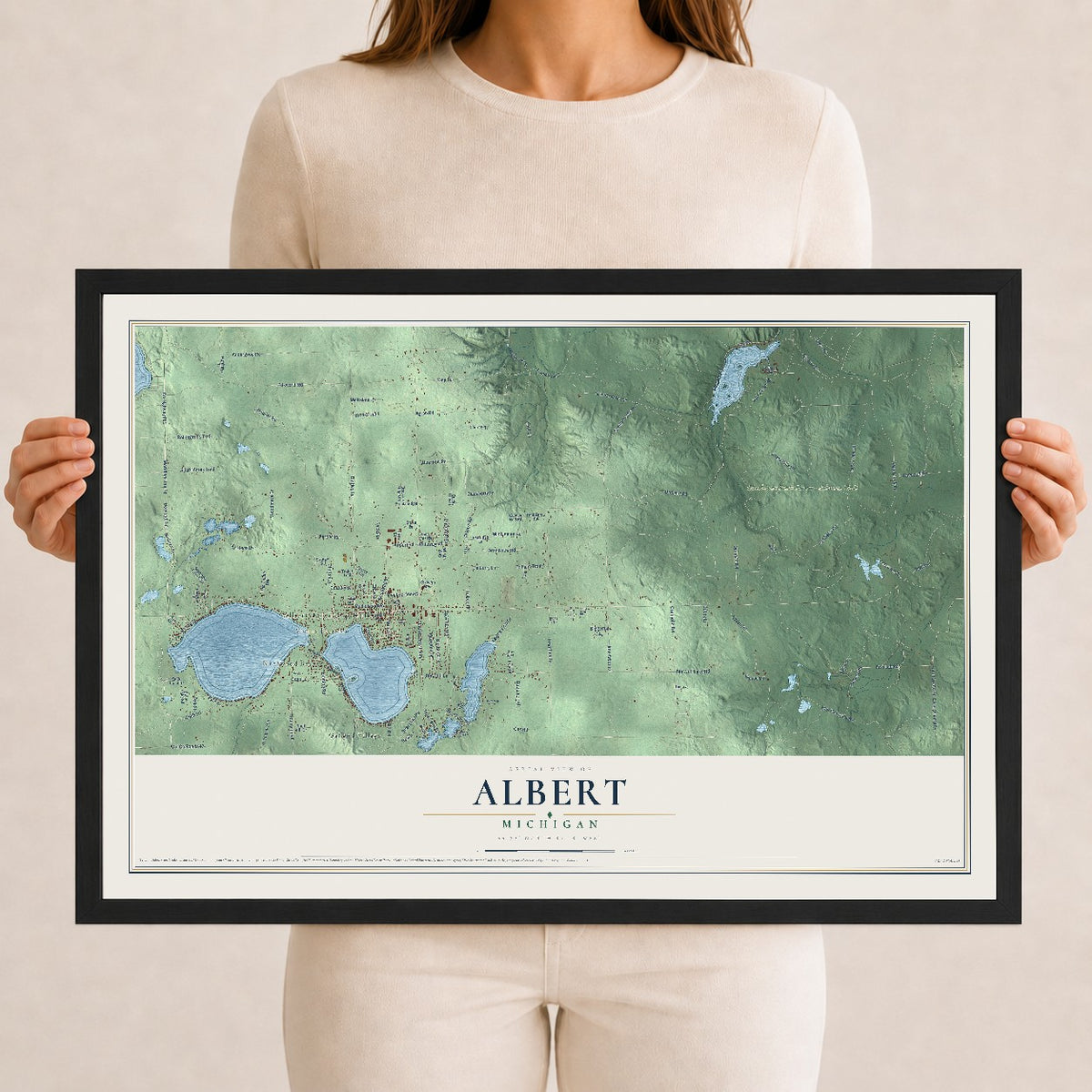 Map of Albert, Michigan, 12 x 18 inch print in a black wood frame