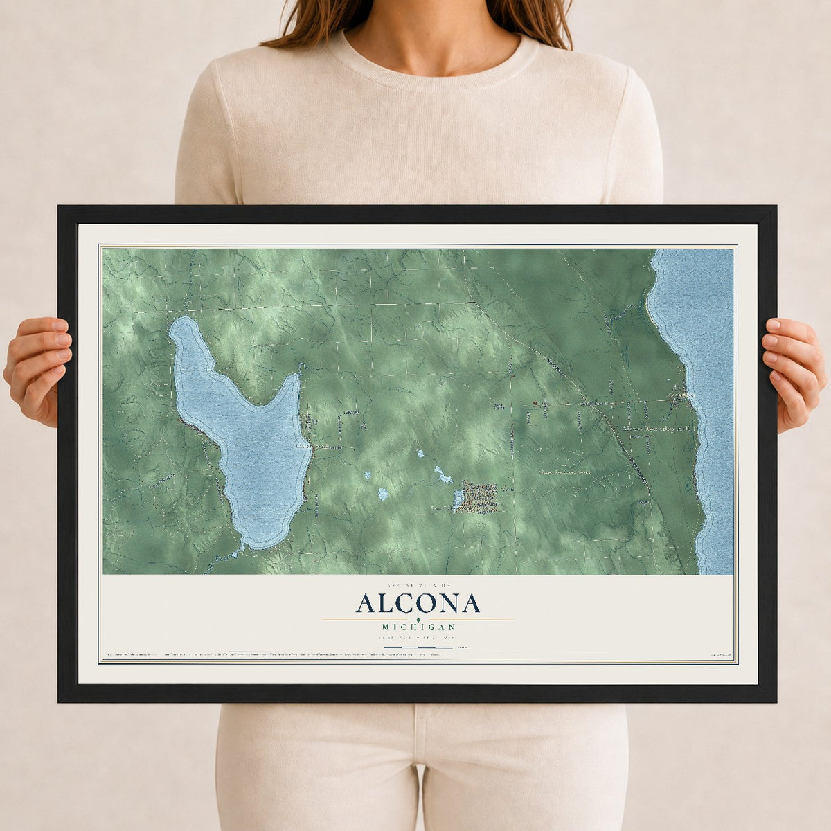 Map of Alcona, Michigan, 12 x 18 inch print in a black wood frame