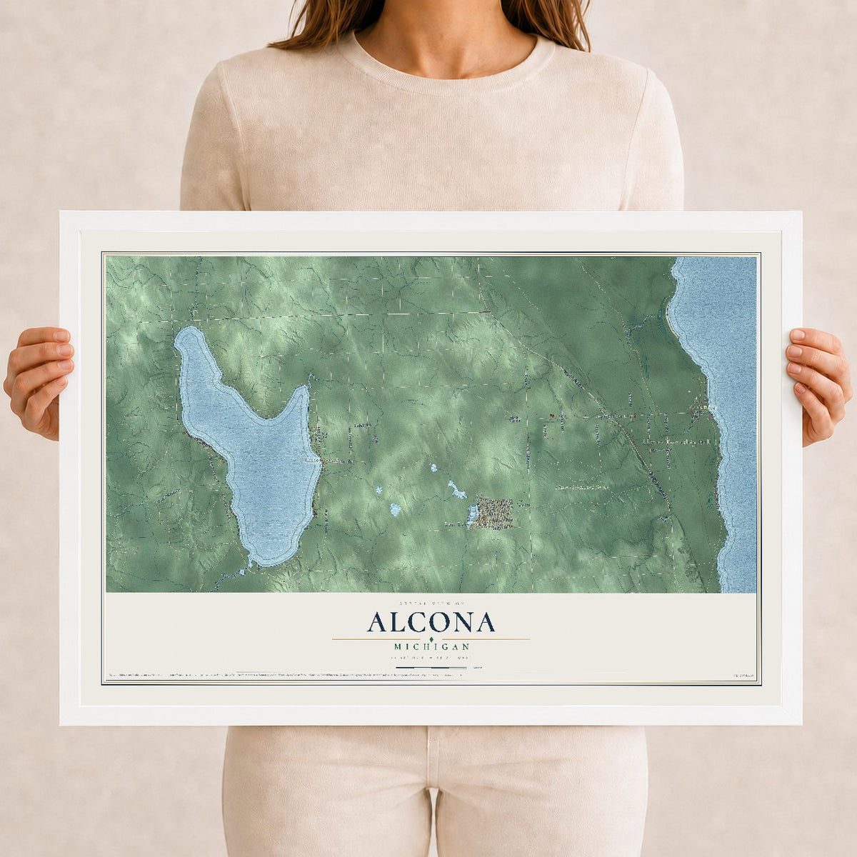 Map of Alcona, Michigan, 12 x 18 inch print in a white wood frame