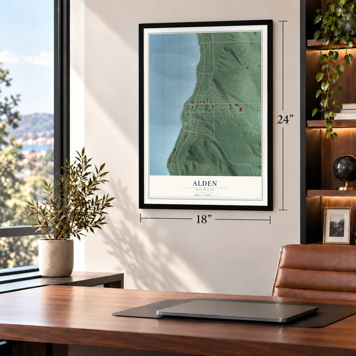 Alden, Michigan map, 18 x 24 inch print in a black frame in a home office