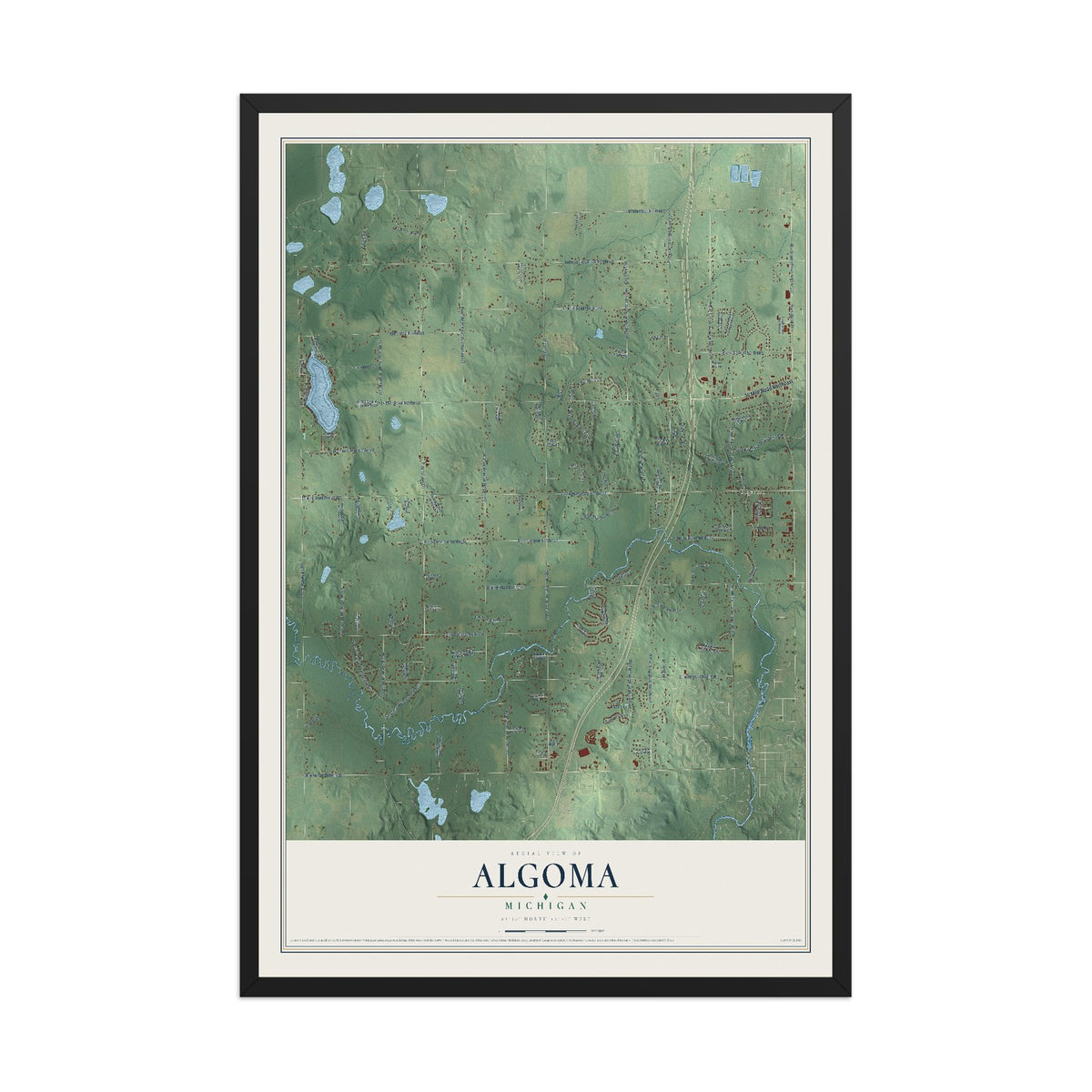 Map of Algoma, Michigan, 12 x 18 inch print in a black wood frame