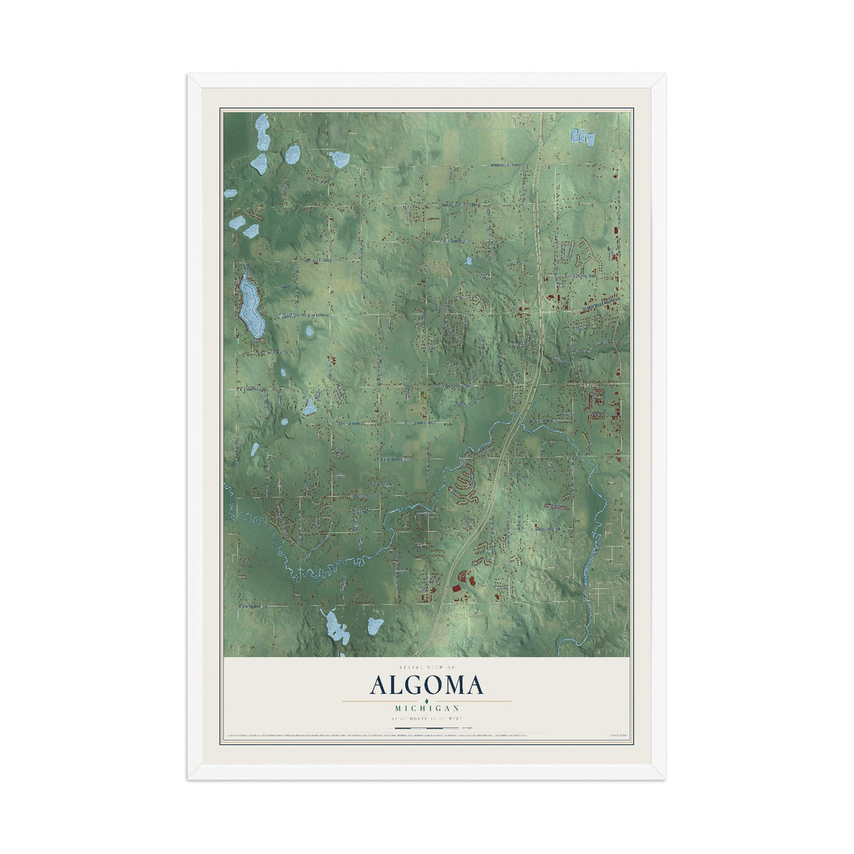 Map of Algoma, Michigan, 12 x 18 inch print in a white wood frame