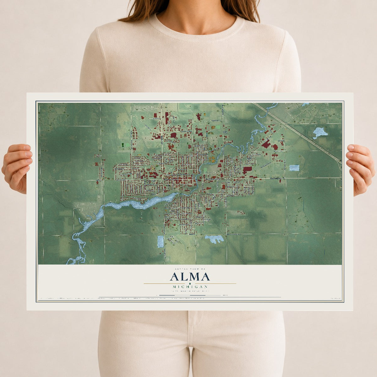 Map of Alma, Michigan, 12 x 18 inch unframed archival matte print