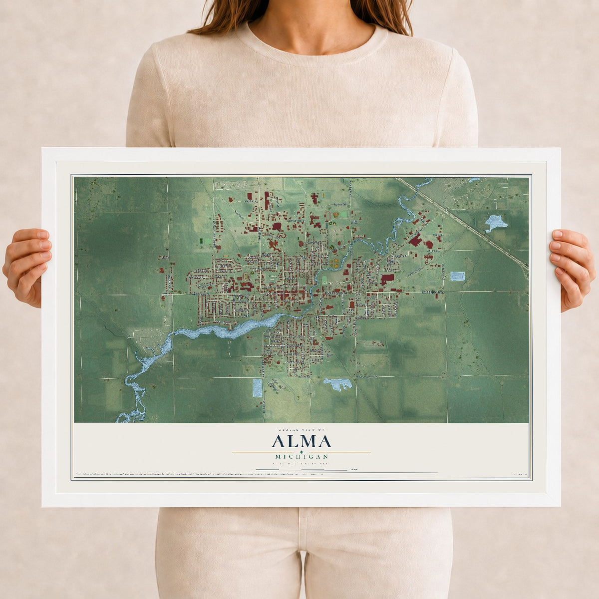 Map of Alma, Michigan, 12 x 18 inch print in a white wood frame