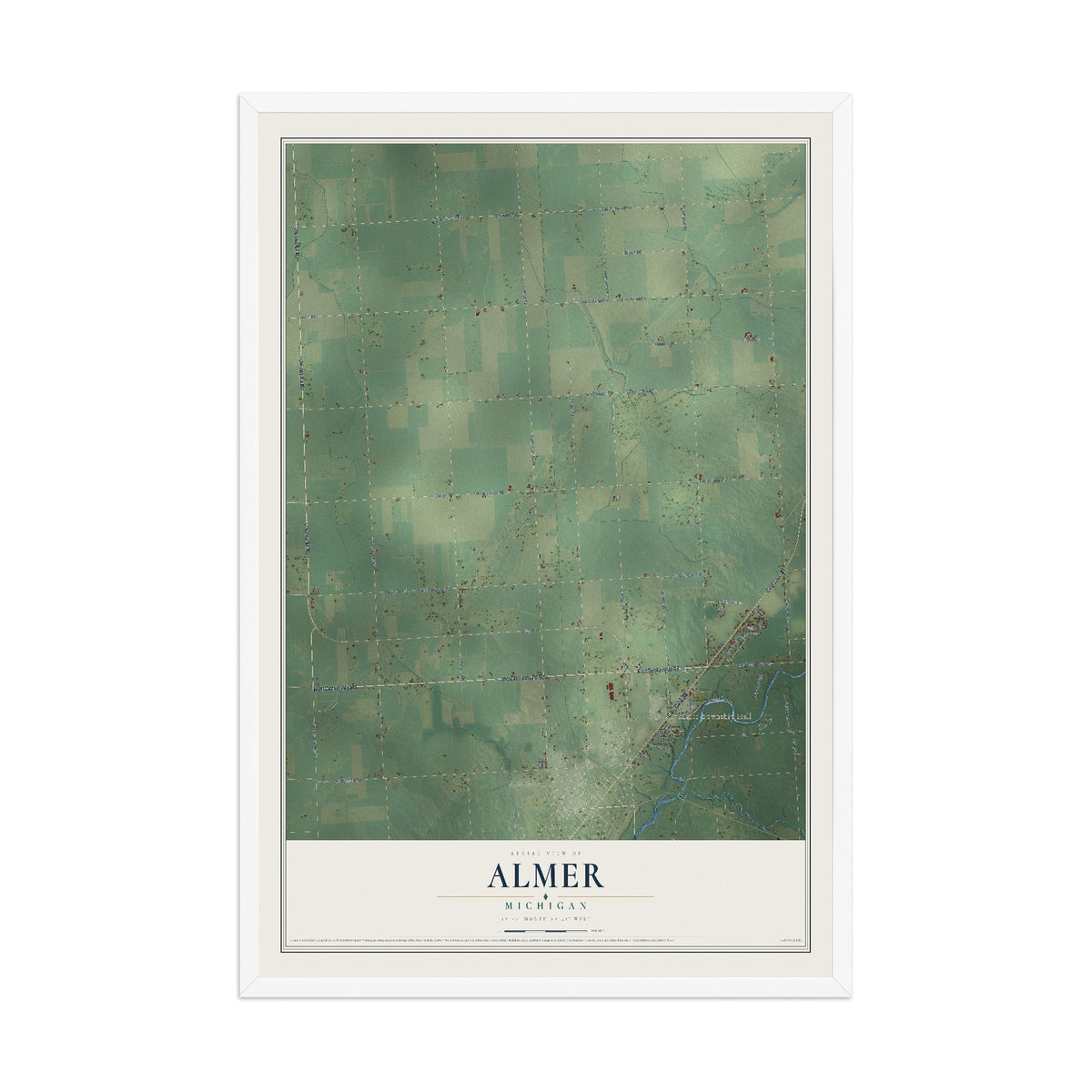 Map of Almer, Michigan, 12 x 18 inch print in a white wood frame