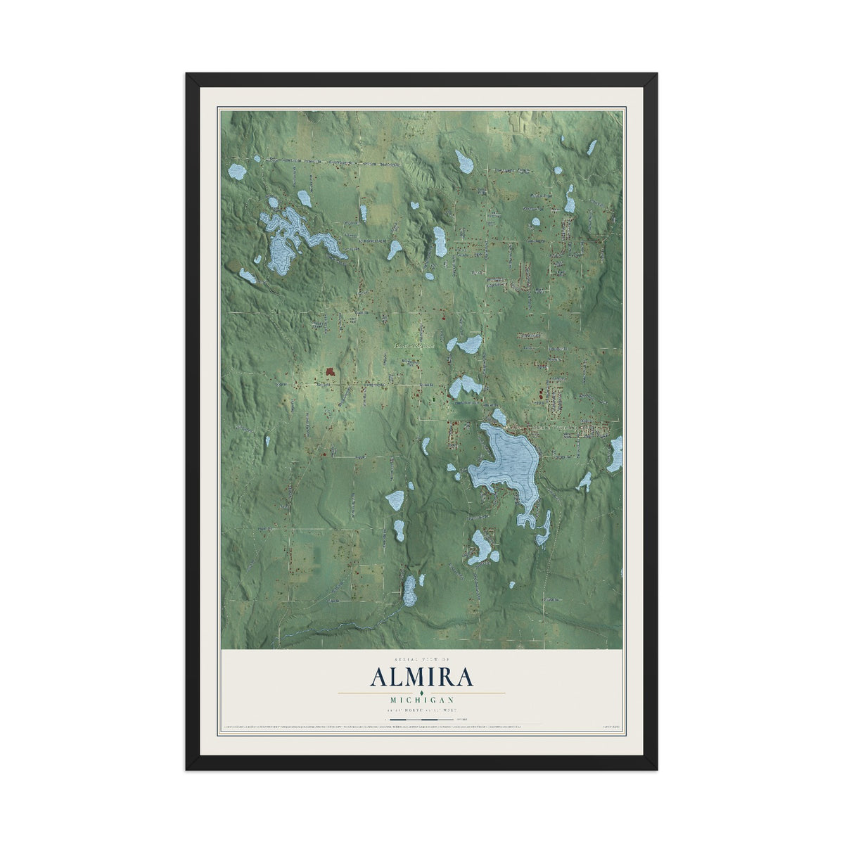 Map of Almira, Michigan, 12 x 18 inch print in a black wood frame