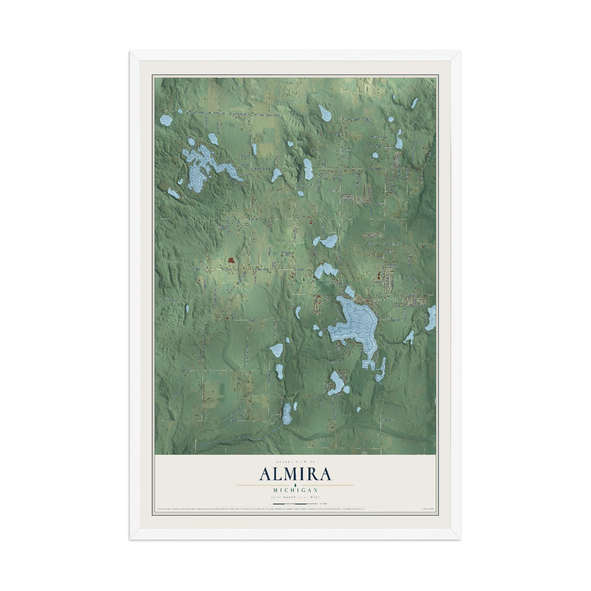 Map of Almira, Michigan, 12 x 18 inch print in a white wood frame